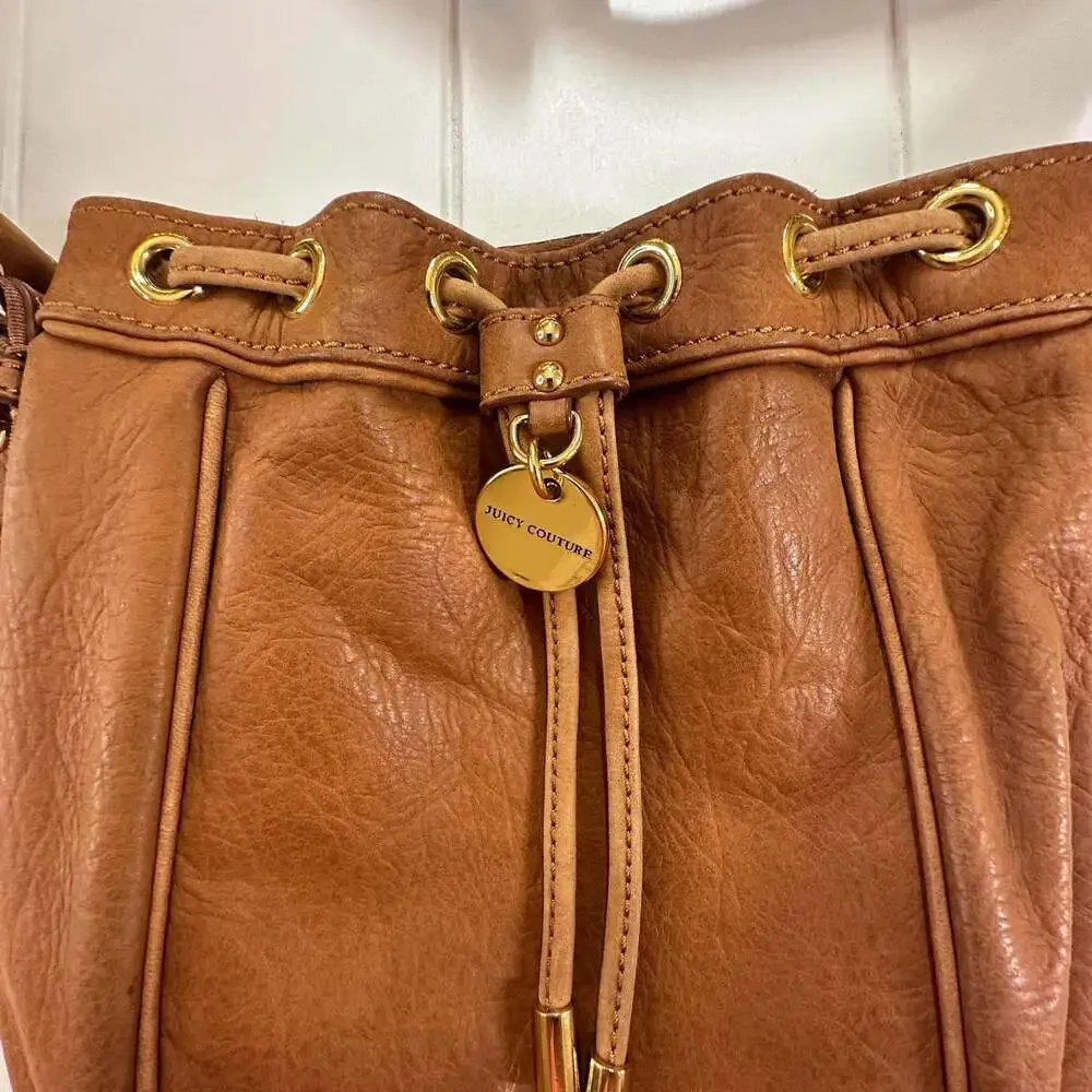 Boho Juicy Couture Brown Pebbled Leather Drawstring Bucket Crossbody Bag